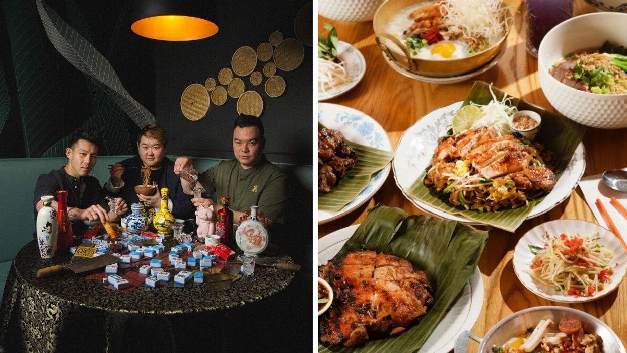 Three Toronto chefs sitting at a table in a Chinese restaurant. Right: Thai food spread on a table.