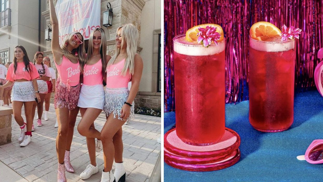 Three women in Barbie-themed outfits. Right: Barbie-themed cocktails.