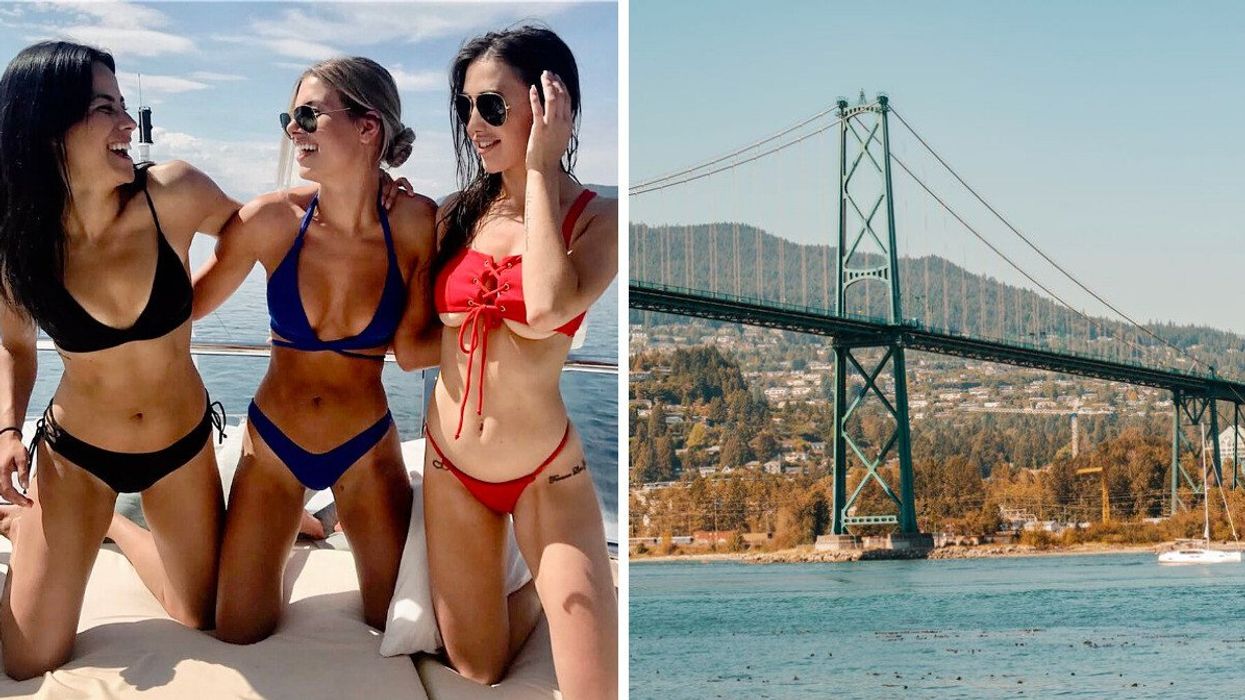 Three women in bikinis laughing on a boat. Right: Vancouver's Lions Gate Bridge on a sunny day.