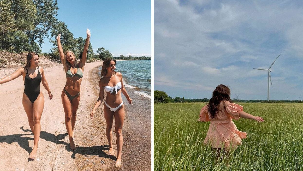 Three women in swimsuits walk along a sandy shore. Right: A person in a pink dress in a tall-grass field with a windmill in the background.