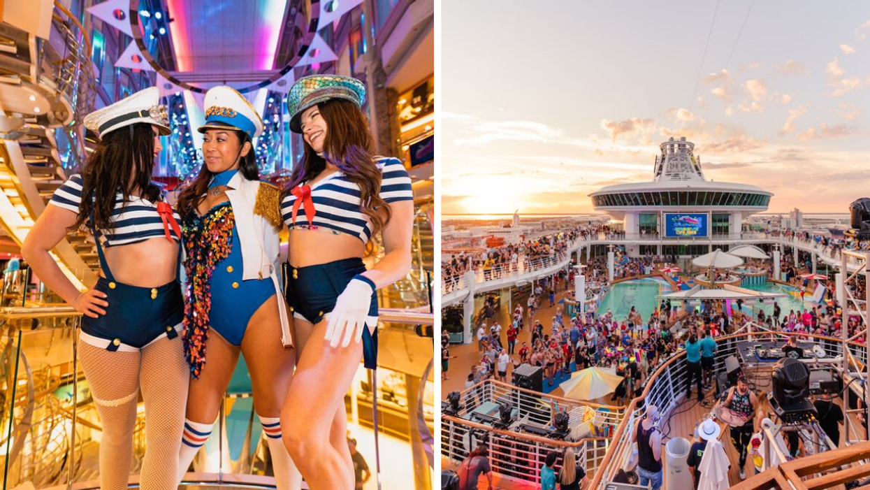 Three women inside cruise in costume. Right: The music festival on a cruise.