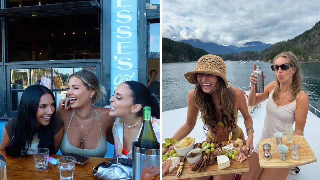 Three women laughing and enjoying drinks. Right: Two women on a boat in Vancouver's scenic waters, one holding a cocktail shaker and the other a charcuterie board, with mountains and forests visible in the background.