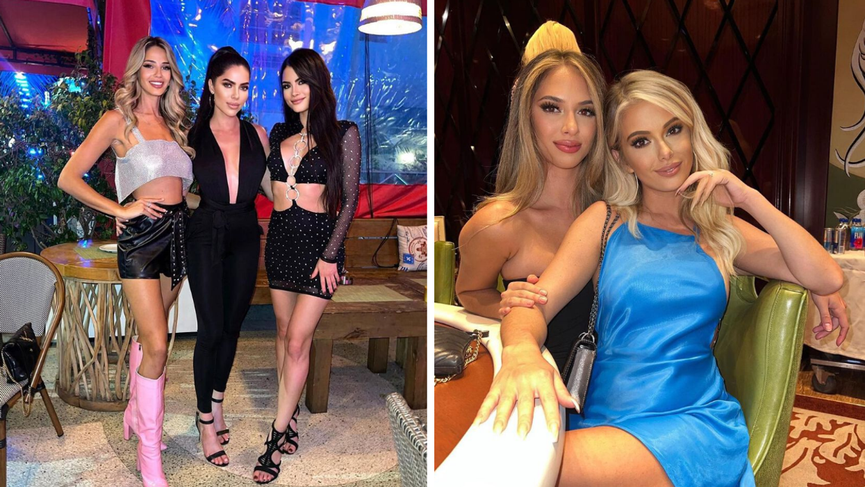 Three women posing at a venue. Right: Two women at a casino table.