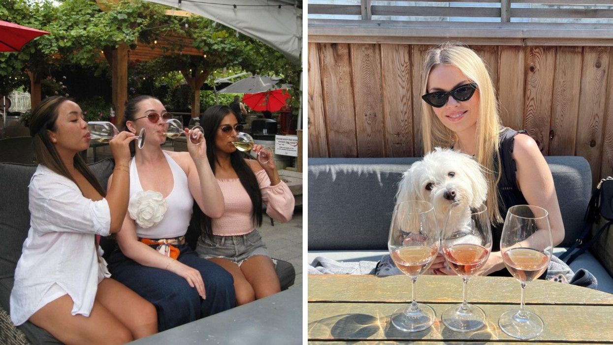 Three women simultaneously sip wine from their glasses. Right: A woman and her dog pose beside three glasses of rose.