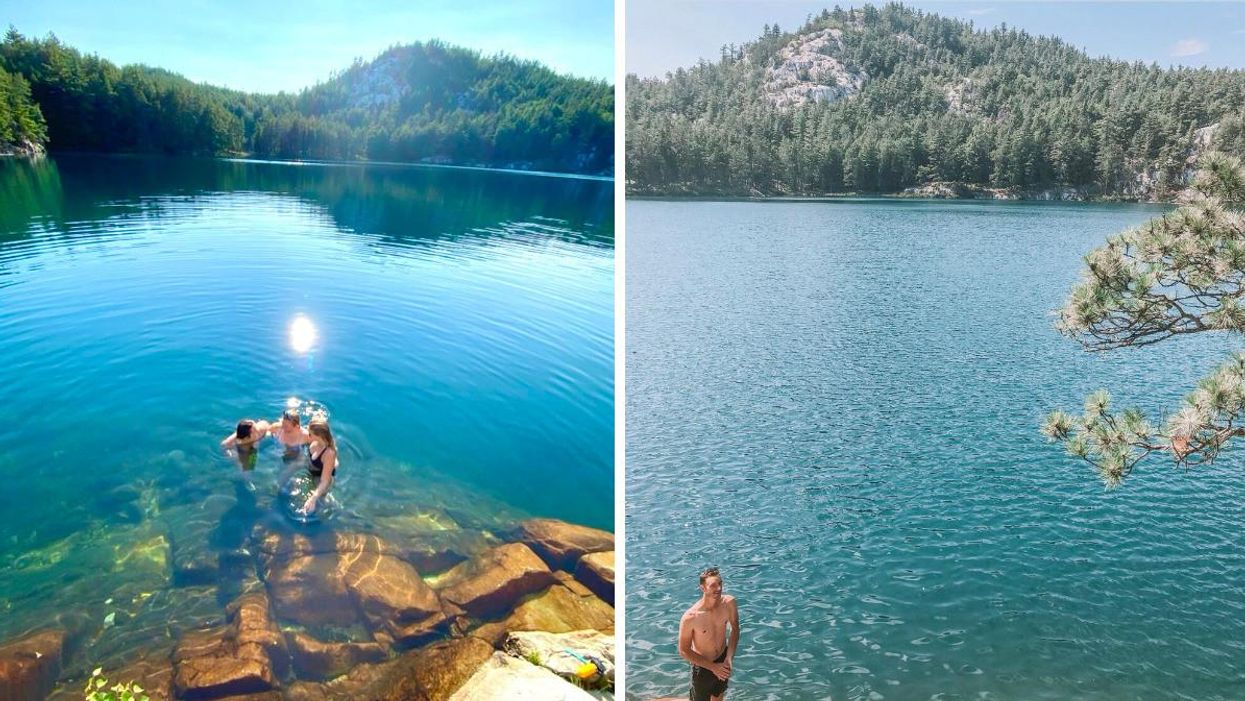 Three women swimming by rocks. Right: Man standing by the water with cliffs in the background.
