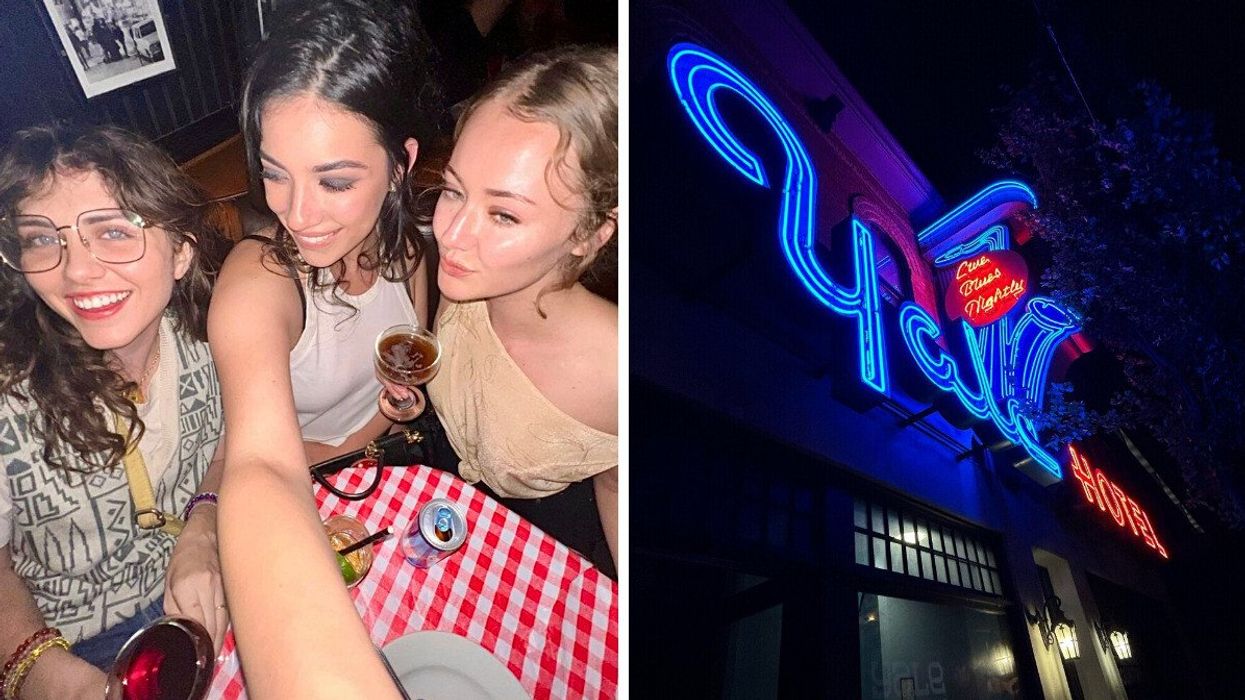 Three women taking a selfie with cocktails at a bar. Right: Table with empty wine glasses, cans, and bottles. Right: Neon Yale Saloon sign on Granville Street.