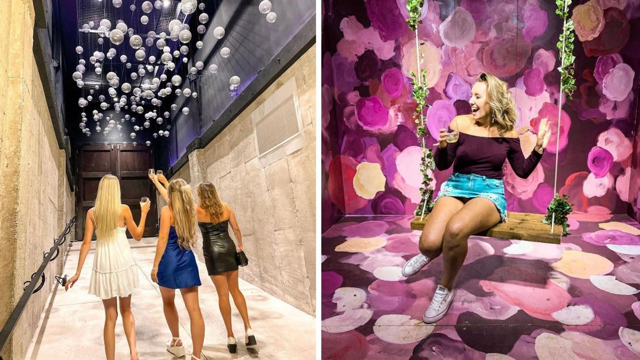 Three women walking beneath a sculpture. Right: A woman sitting on a vine-covered bench.