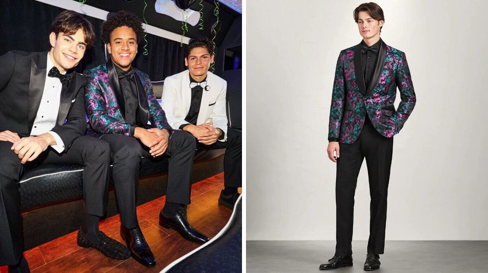 Three young men in a limousine wearing suits. Right: A young man models a floral jacquard suit jacket in teal and purple over black panta, shirt and tie.