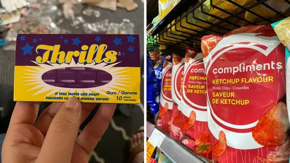 Thrills gum. Right: Ketchup chips in a store.