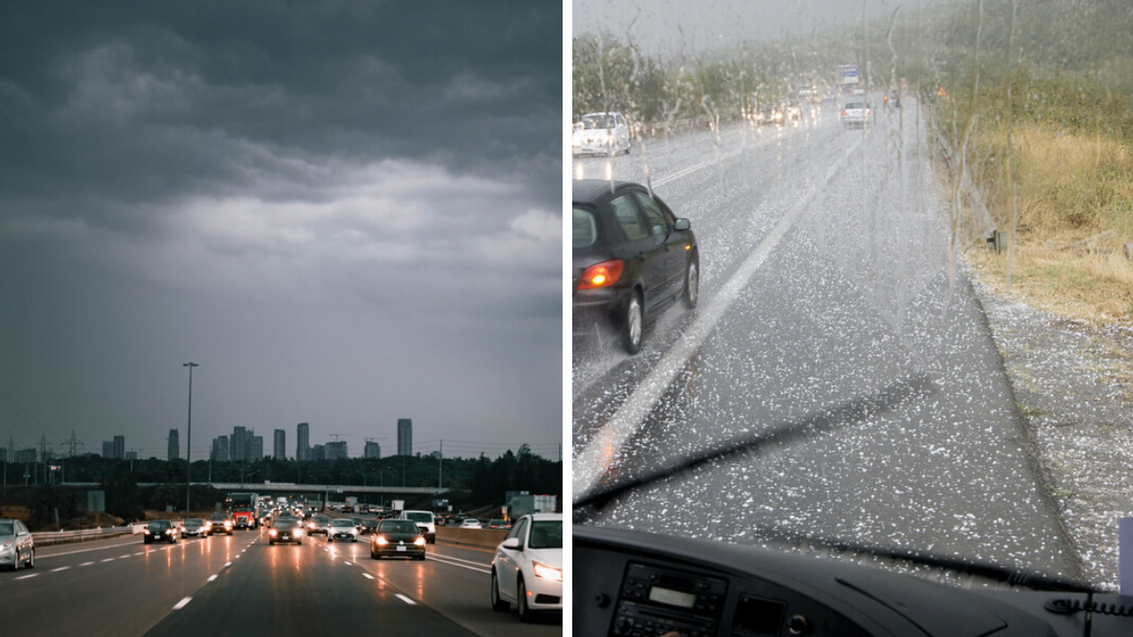 Thunderstorm in Ontario. Right: Falling hail.