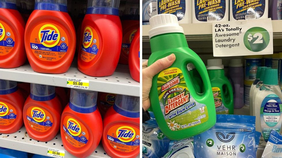 tide laundry detergen on shelves at dollarama. right: person holding la's totally awesome laundry detergent at dollarama