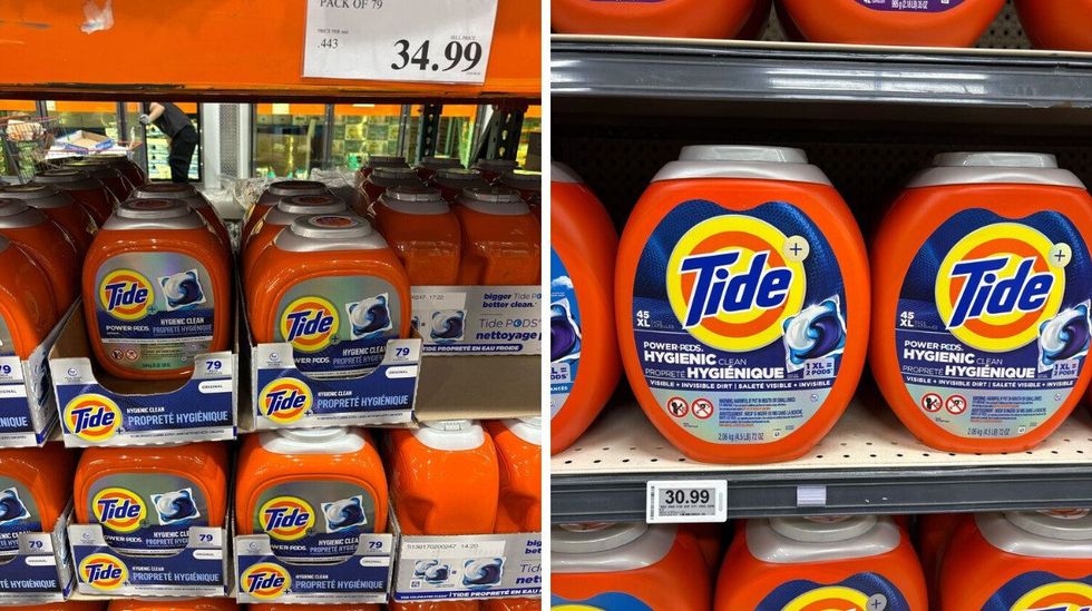 tide laundry pods at costco. right: tide laundry pods on shelf at loblaws