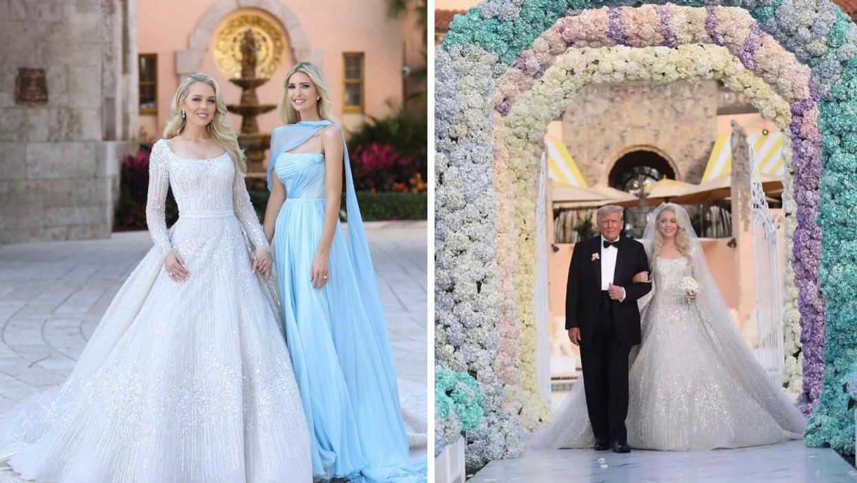 Tiffany and Ivanka Trump at Tiffany's wedding. Right: Donald Trump walking his daughter, Tiffany Trump, down the aisle.