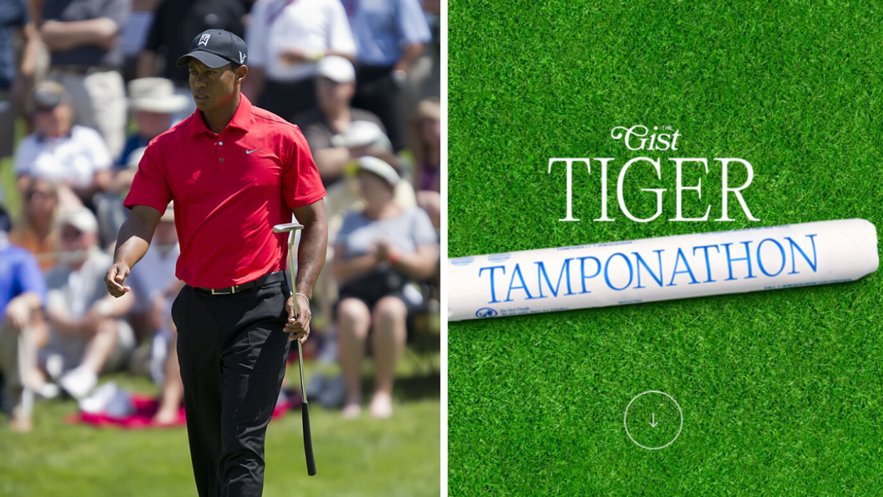 Tiger Woods walking up the fairway at a golf tournament. Right: Graphic for The Gist's "Tiger Tamponathon."