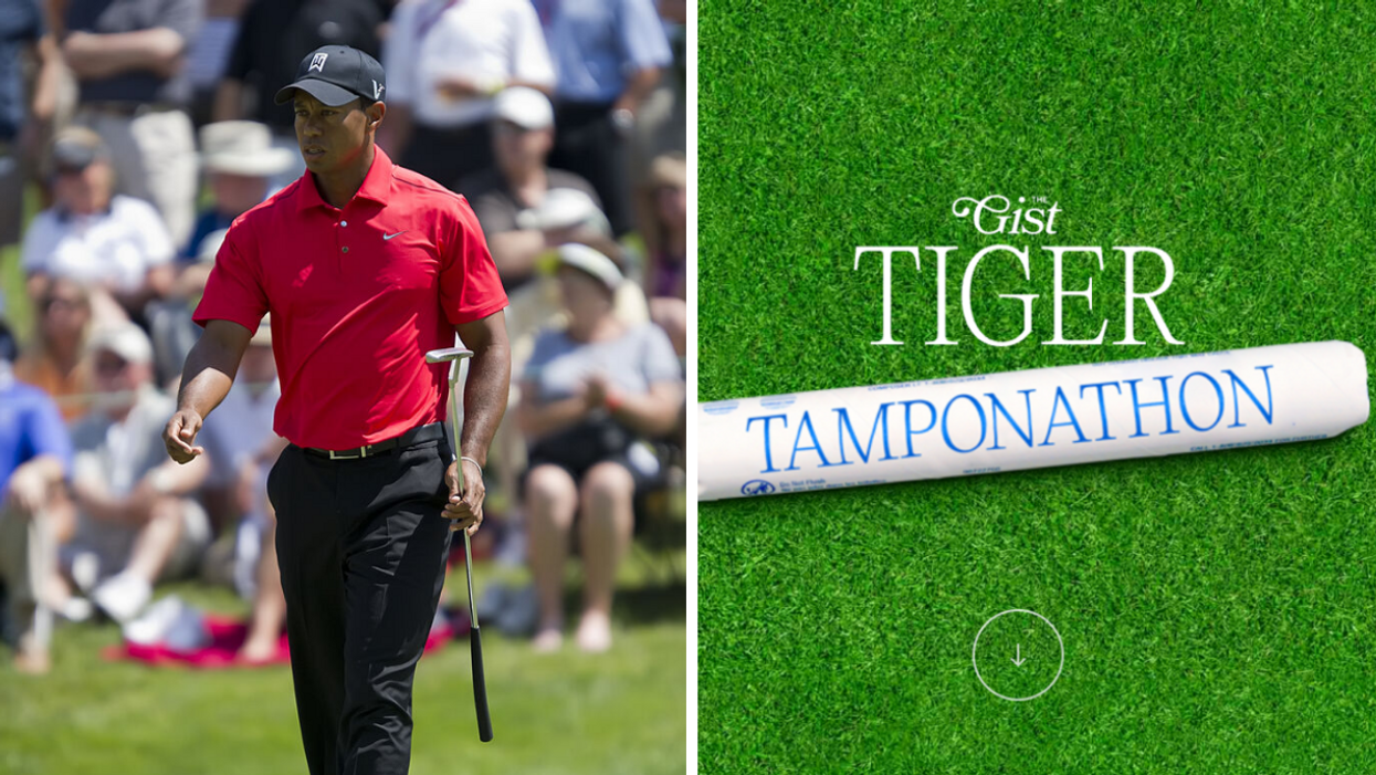 Tiger Woods walking up the fairway at a golf tournament. Right: Graphic for The Gist's "Tiger Tamponathon."