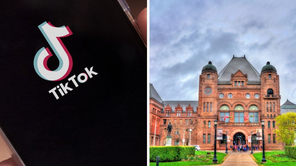 TikTok app on smartphone. Right: Queen's Park in Toronto.