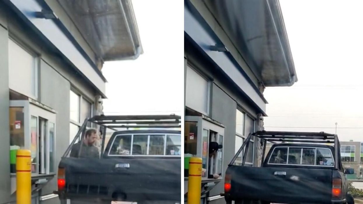 TikTok of a man in Surrey exiting his car at a Tim Hortons drive-thru.