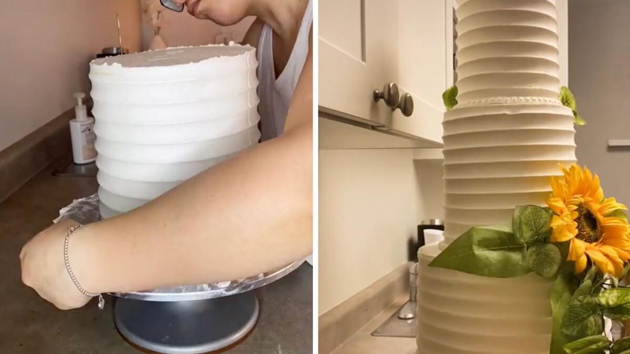 TikTok of baker making wedding cake. Right: The wedding cake.