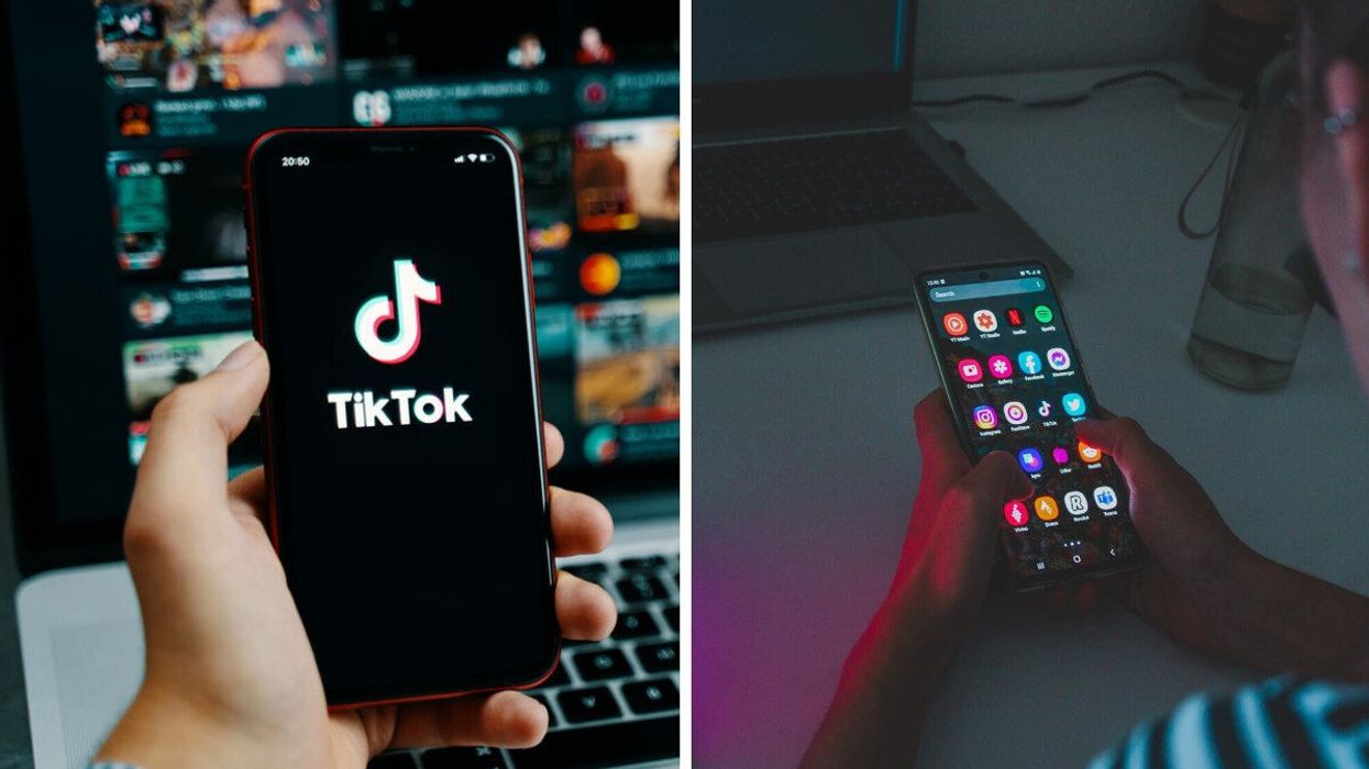 TikTok on a cell phone. Right: A person looks at apps on a phone.