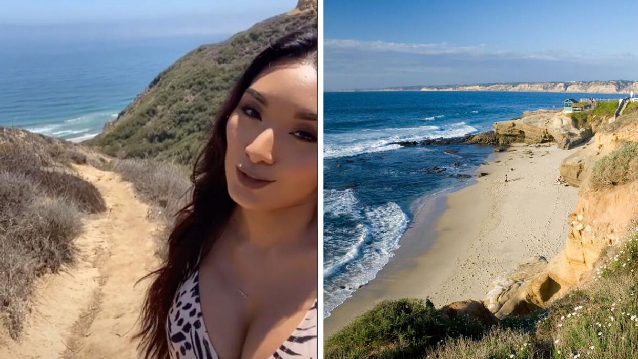 TikTok user Brianna Orendain on the beach trail. Right: The beach at La Jolla.