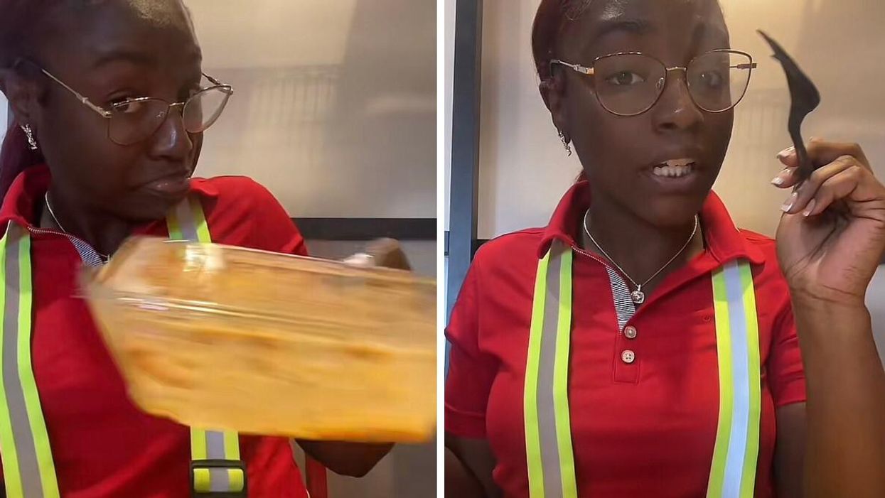 TikTok user Des shaking her Chick-fil-A meal in her viral video. Right: Des holding a fork before eating her Chick-fil-A meal.