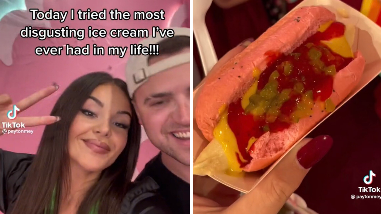 TikTok user @paytonmey in her viral TikTok. Right: The ice cream hot dog from the Museum of Ice Cream in Chicago.