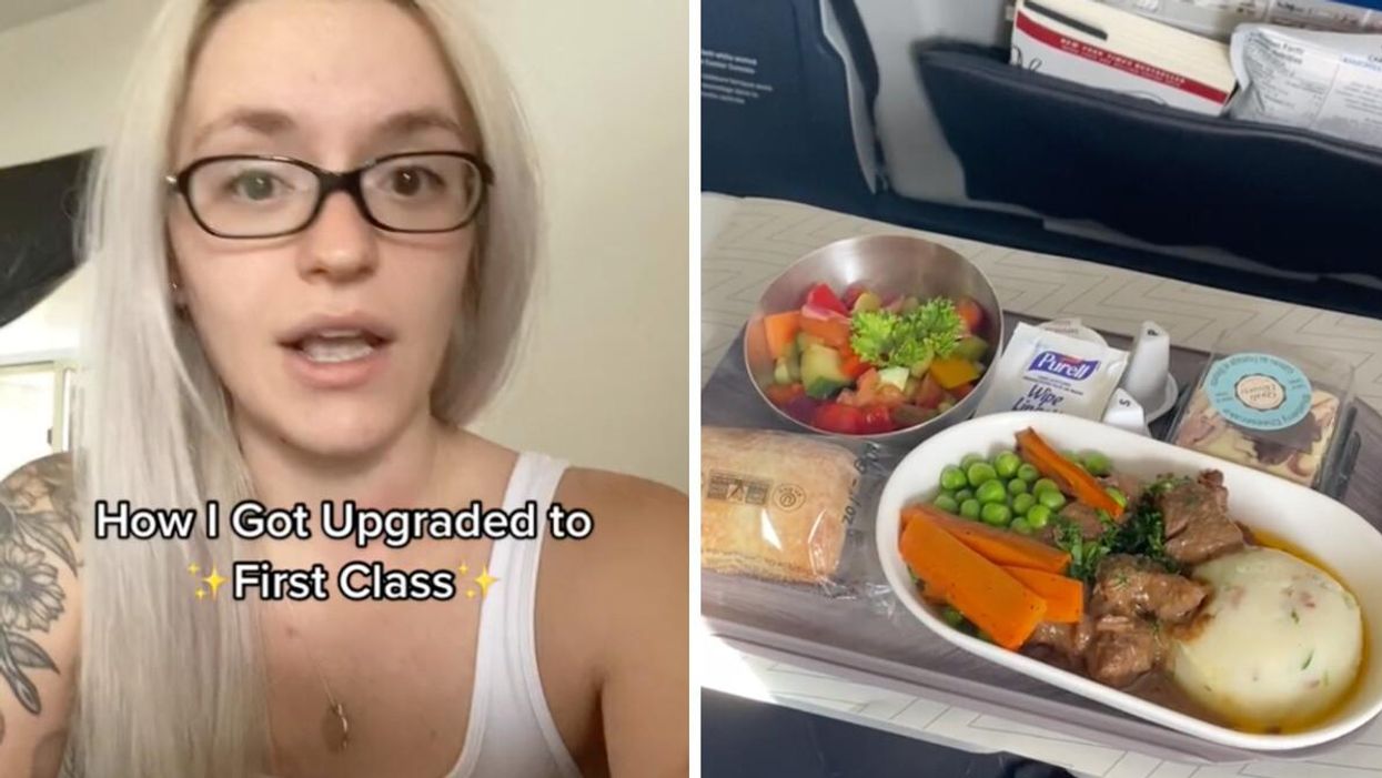TikTok user @sophiakokolakis. Right: A meal on a WestJet flight.