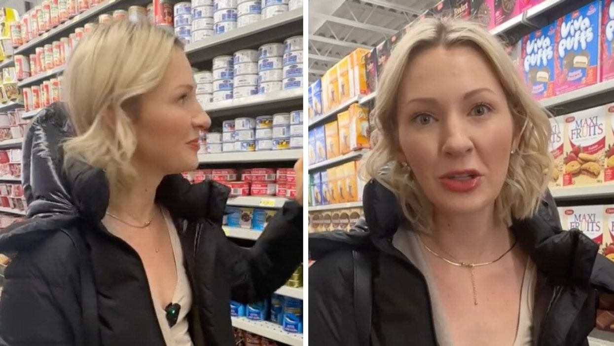 TikToker Abbey Sharp showing how to save money while doing groceries at the dollar store.