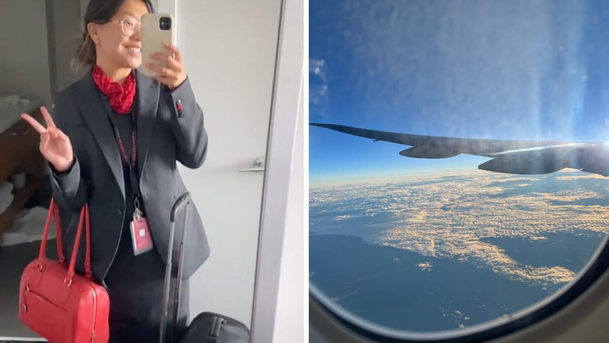 TikToker and flight attendant of Lia Lavoie. Right: The window of an airplane.
