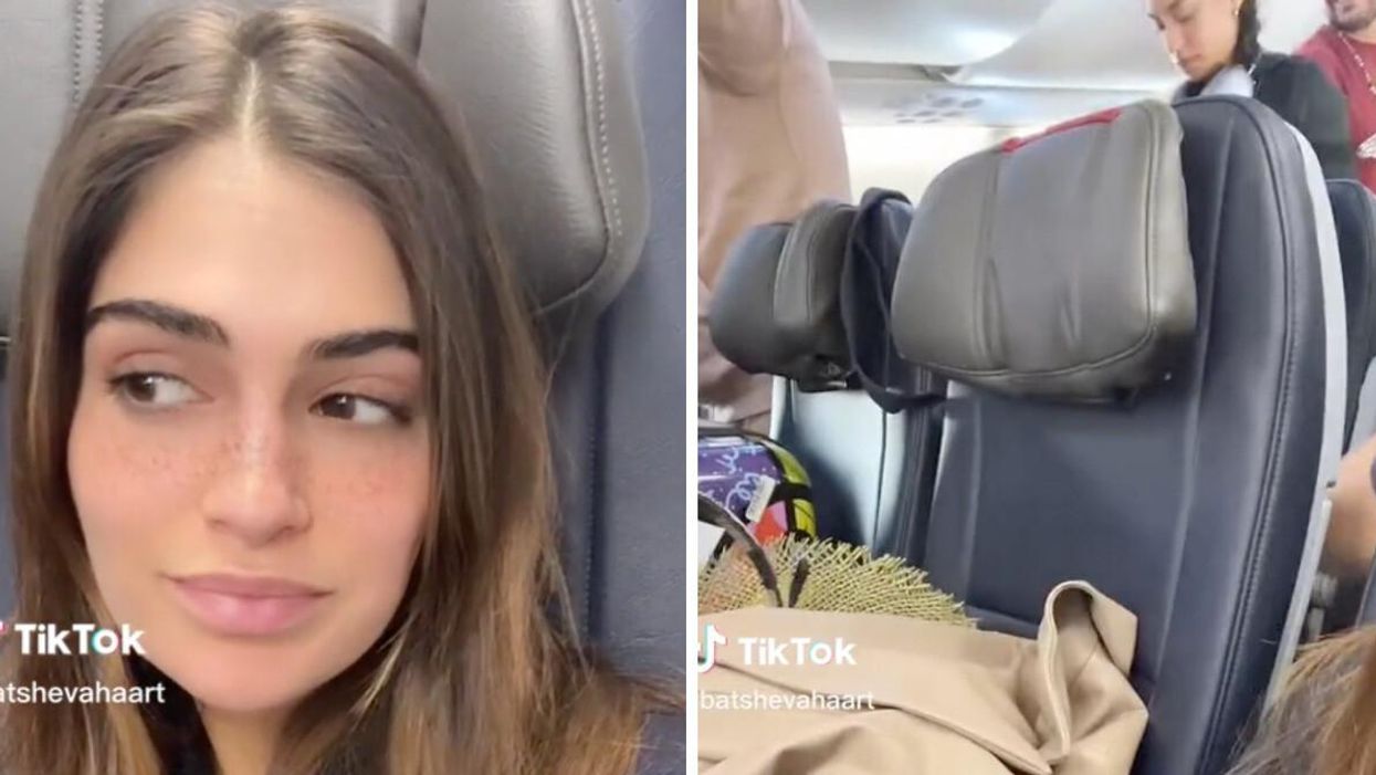 TikToker and TV personality Batsheva Haart on her TikTok. Right: Passengers standing on the plane.