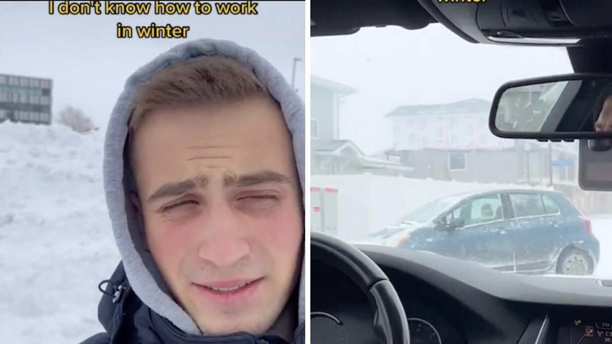 TikToker Andrian Makhnachov in the snow. Right: The snowy view from inside of a car.
