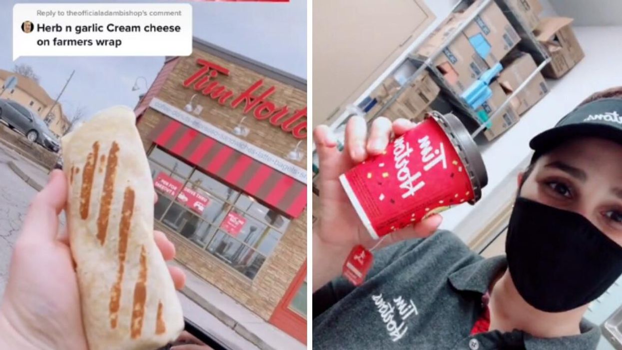 TikToker _benoit showing a Farmer's Wrap from Tim Hortons with herb and garlic cream cheese. Right: kaitbeck18 showing an apple pie drink from Tim Hortons.