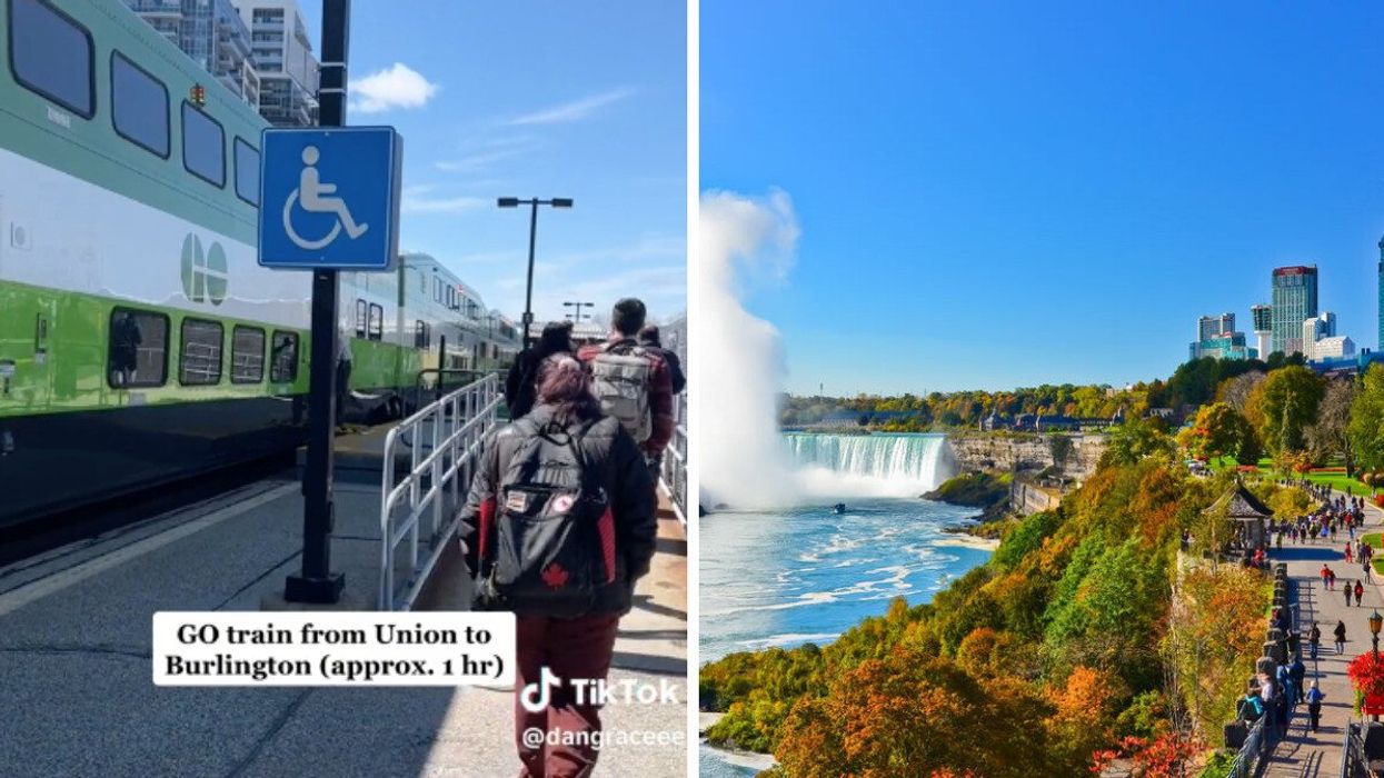 TikToker boarding Go Train from Union Station. Right: Niagara Falls.