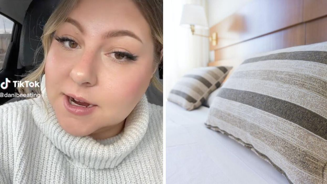 TikToker Dani. Right: Pillows in a hotel room.