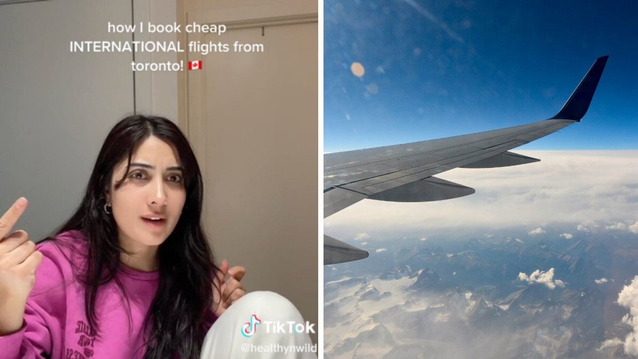 TikToker explaining how she get cheap flight tickets. Right: An airplane wing in the sky.