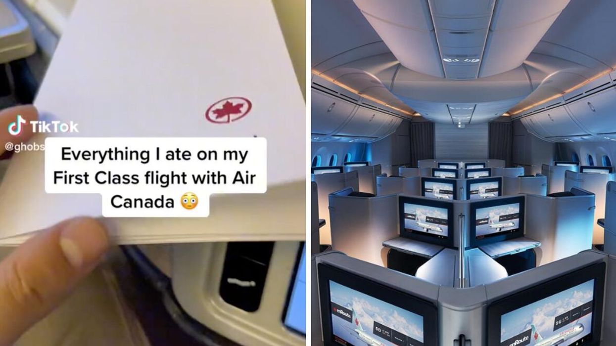 TikToker @ghobs's experience on an Air Canada flight. Right: Seats on an Air Canada plane.
