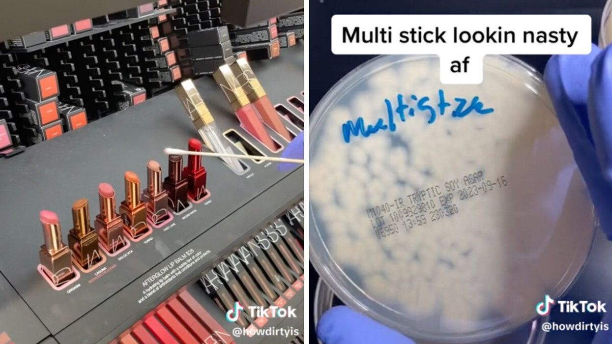 TikToker howdirtyis swabbing Sephora testers. Right: A petri dish.