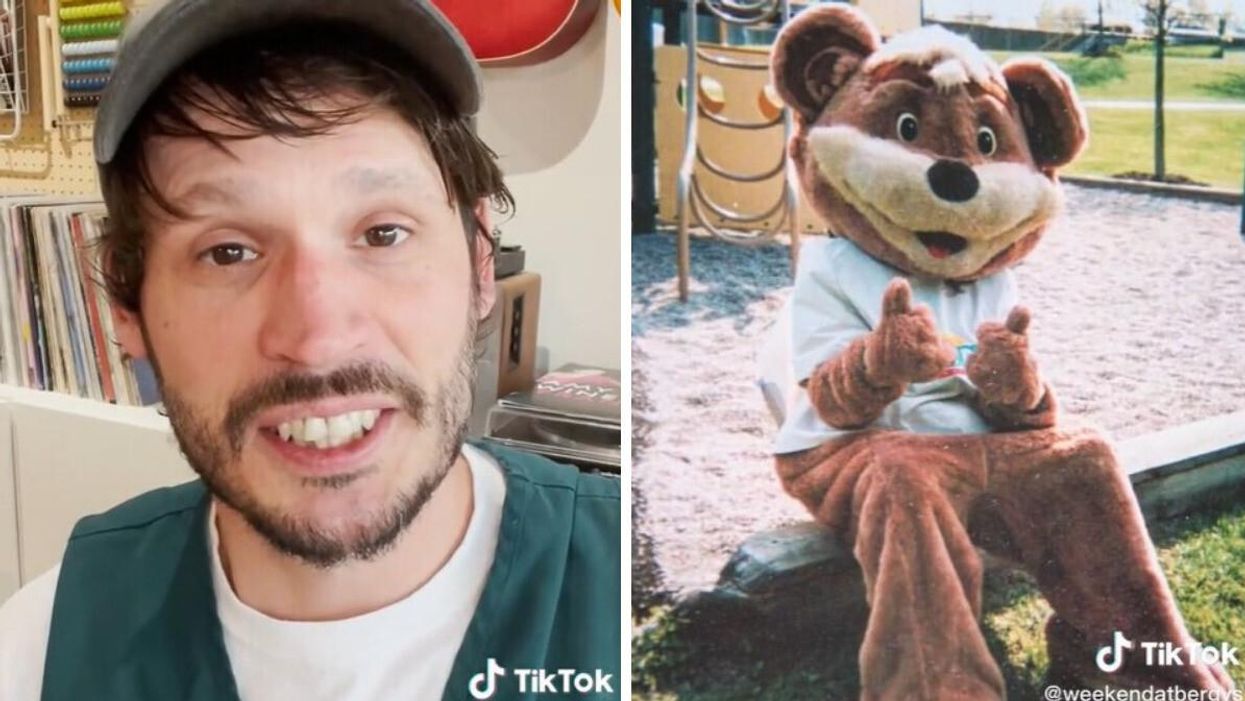 TikToker Jacob, a former Zellers employee. Right: Jacob in a Zeddy Bear suit.