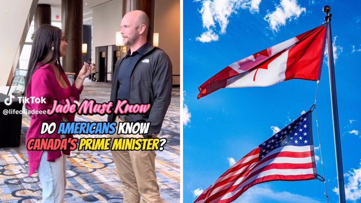 TikToker Jade Koch interviews Americans. Right: The Canadian and U.S. flags.