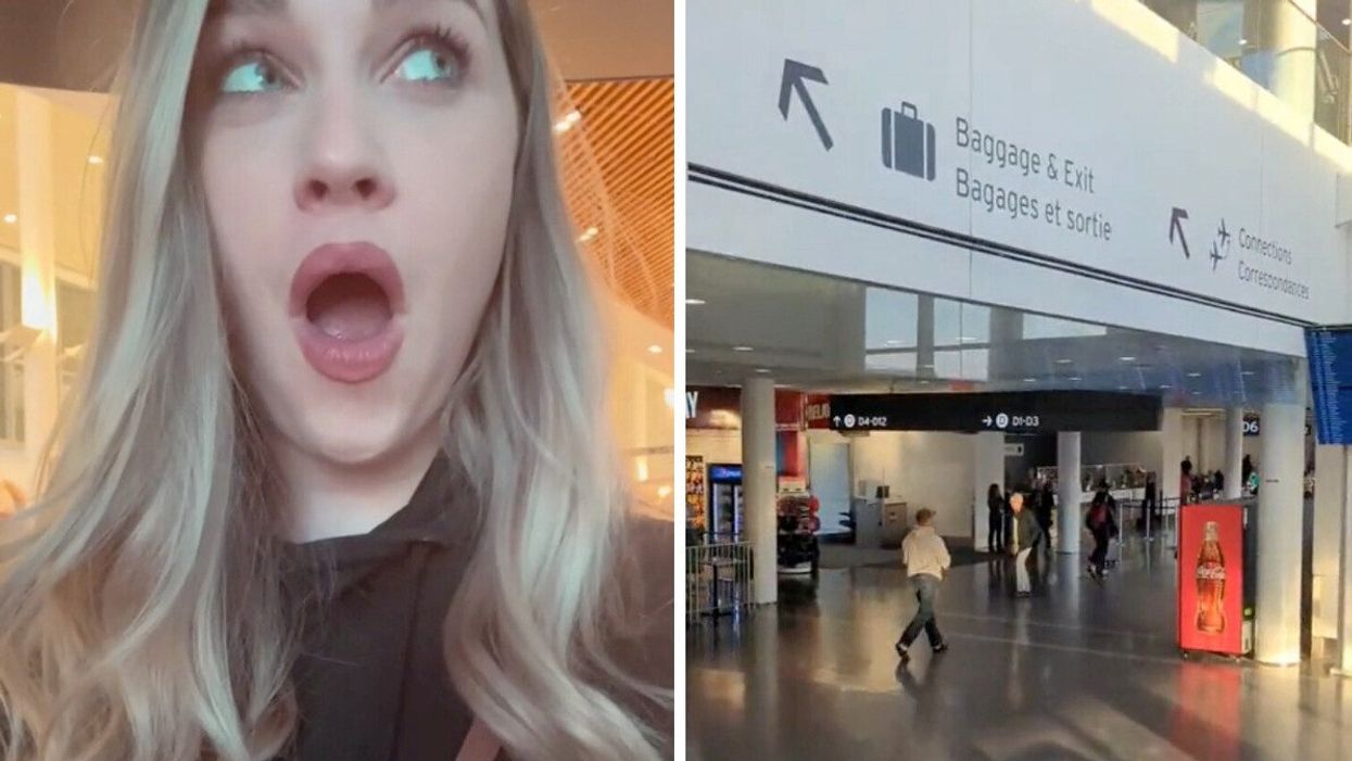 TikToker Jasmin Laine reacting to a room at Pearson Airport. Right: A terminal at Pearson Airport.