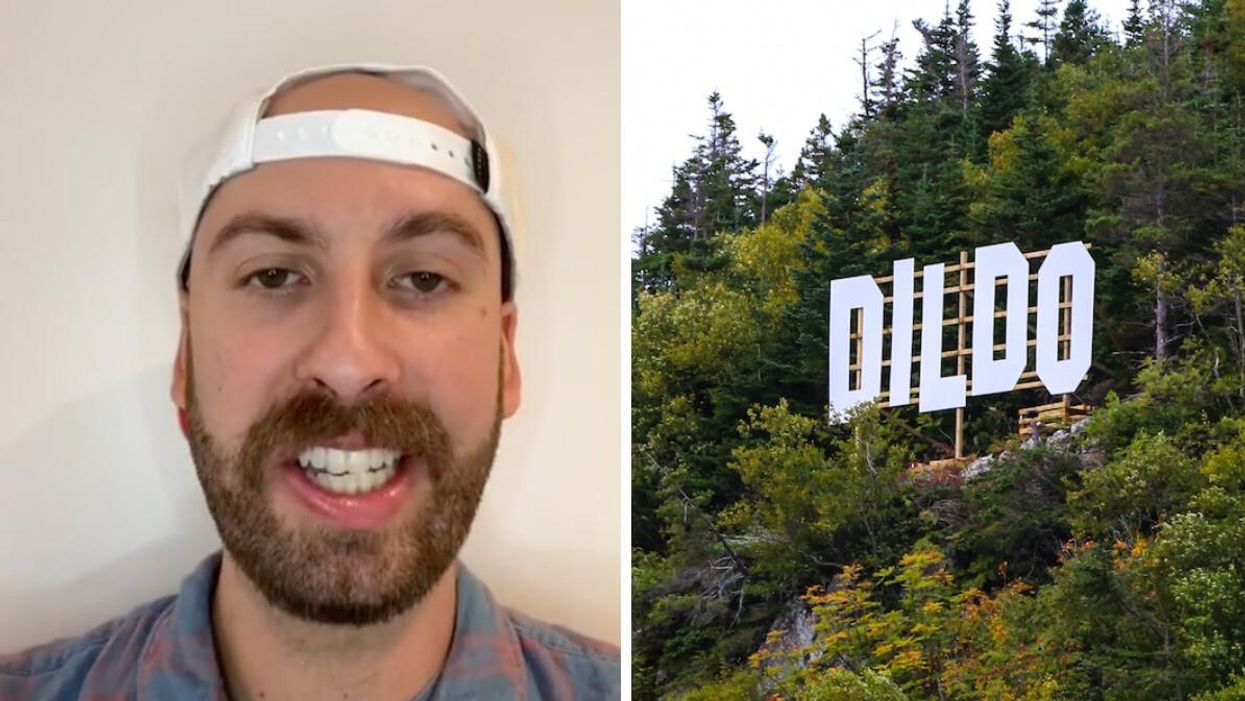 TikToker @jimmerplslikeme. Right: Dildo, Newfoundland sign.