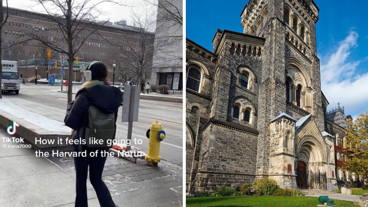 Tiktoker @Kiana7000 refers to UofT as the 'Harvard of the North'. Right: A historical building at UofT.