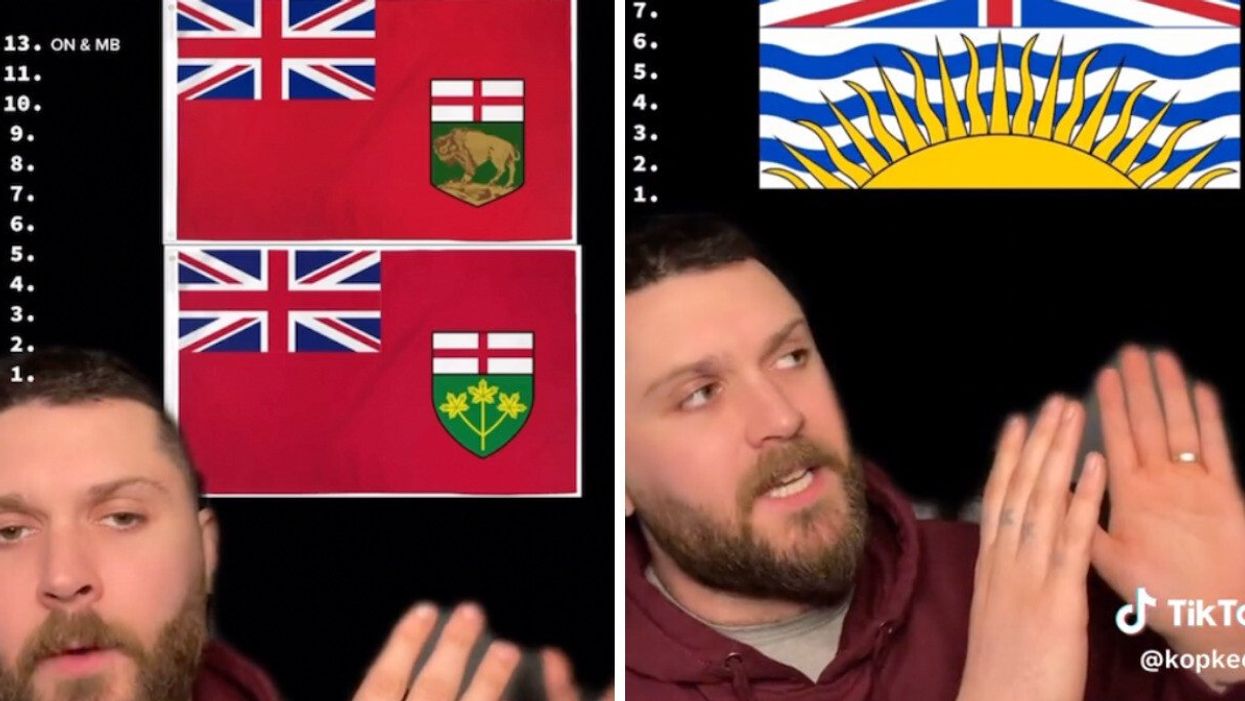 TikToker @kopke613 ranking Canadian provincial flags.