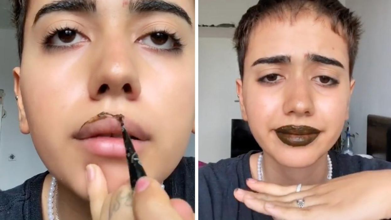 TikToker Lanique drawing on the henna. Right: After the TikToker's done filling in her lips with henna.