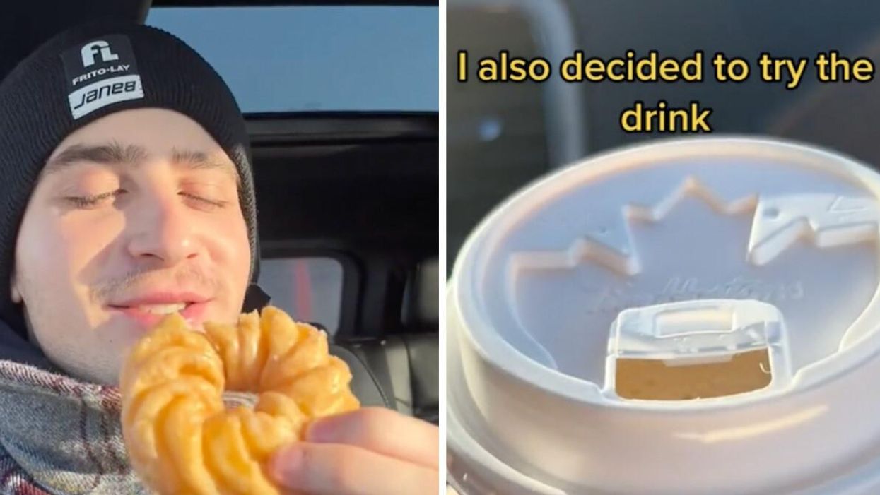 TikToker @makchanov trying a doughnut. Right: A Tim Hortons drink.
