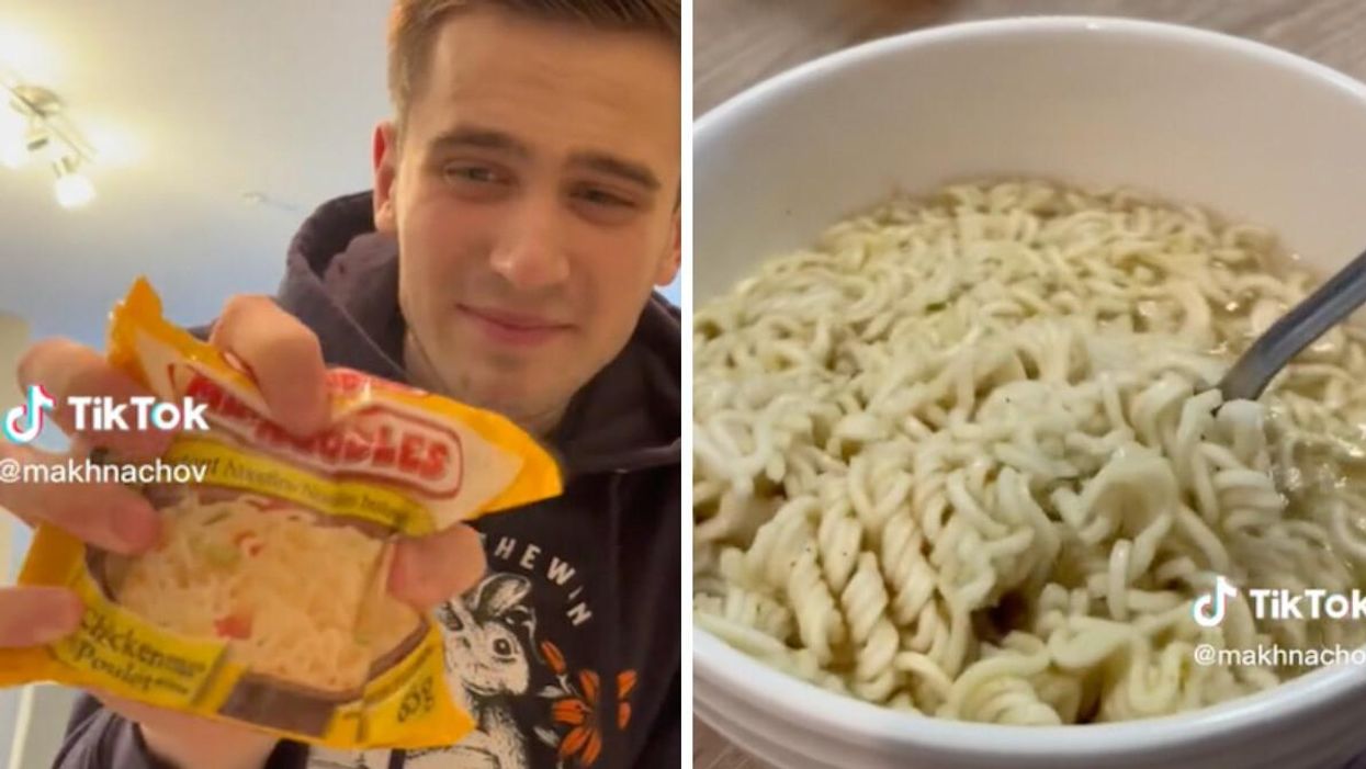 TikToker @makhnachov holding a pack of Mr. Noodles. Right: A bowl of Mr. Noodles.