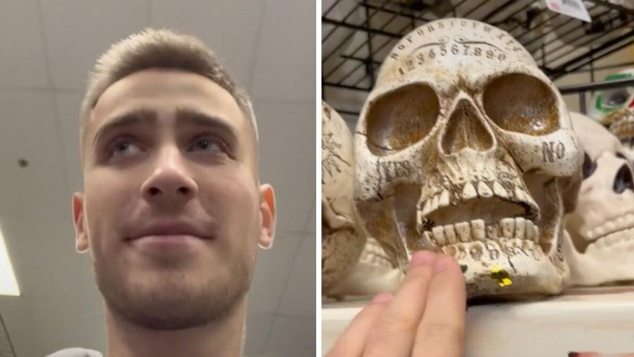 TikToker makhnachov looking around. Right: A fake skull.