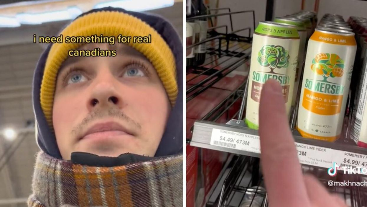 TikToker @makhnachov. Right: Alcohol in a liquor store.