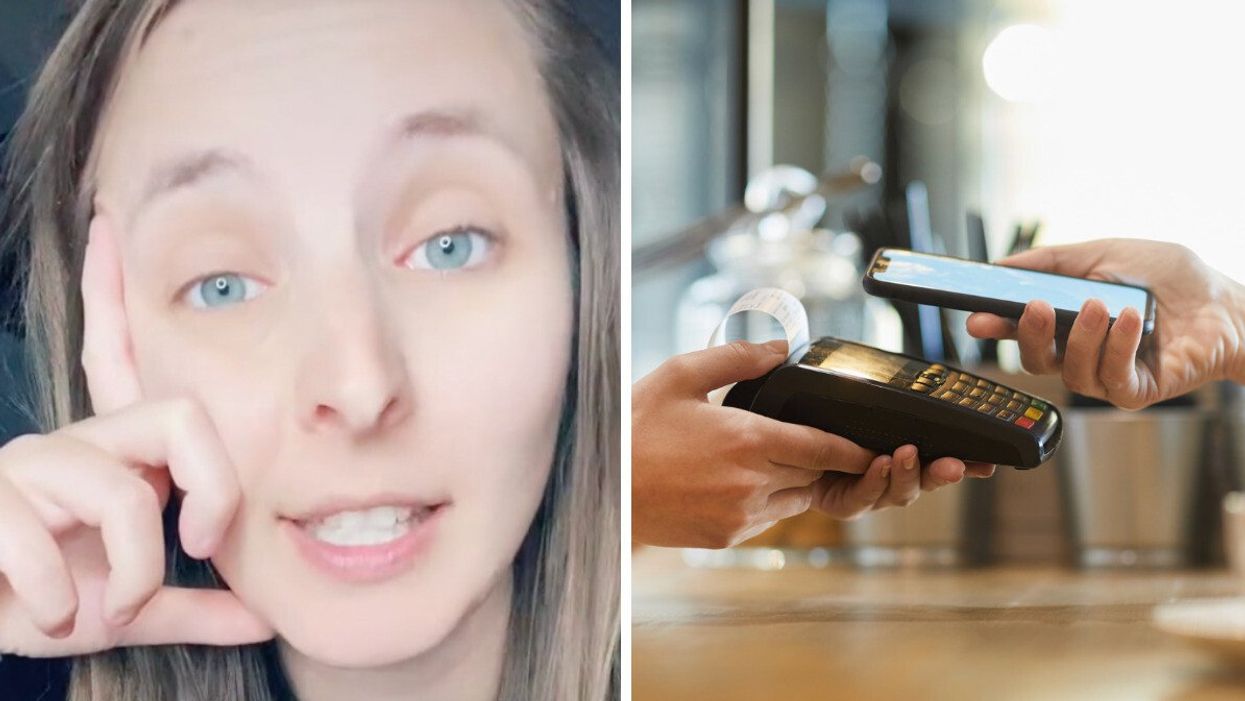 TikToker meganruthie talking about tipping in Canada. Right: A person paying with their phone on a payment terminal.