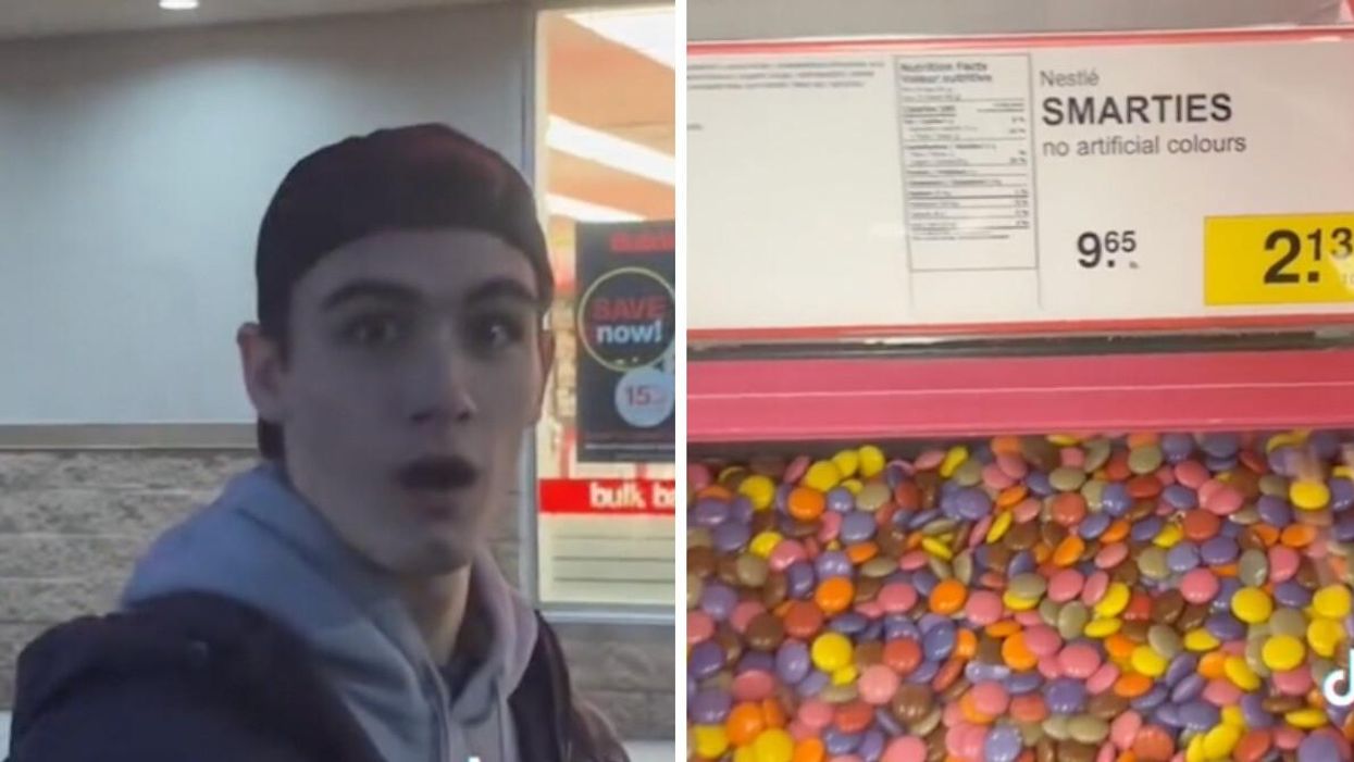 TikToker nickcogs. Right: Smarties at Bulk Barn.